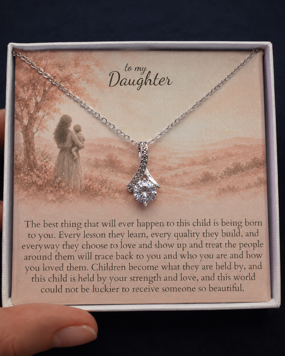 Necklace with a message card for a daughter on a dark background