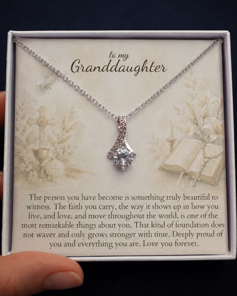 Necklace with a card for granddaughter on a dark background