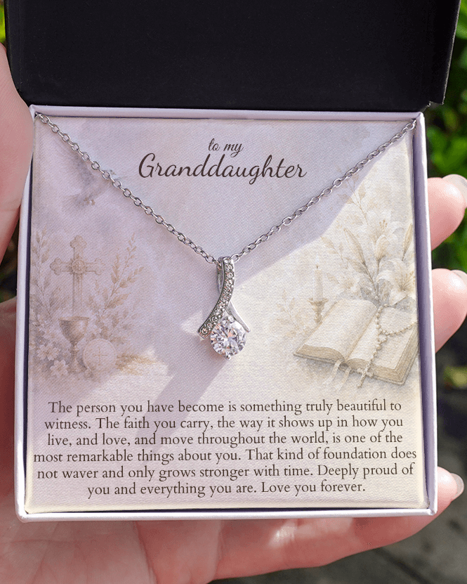 Open keepsake gift box with faith message card and necklace