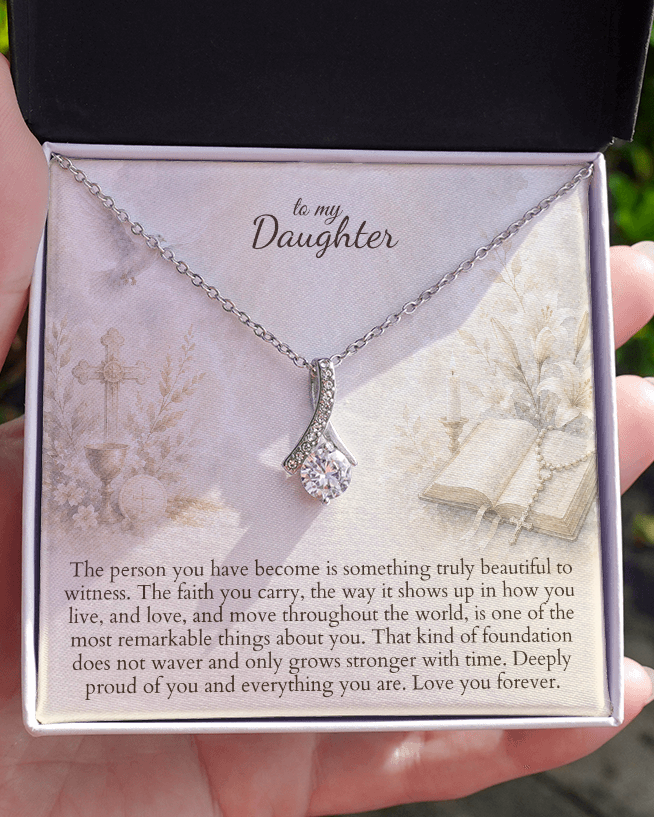 Open keepsake gift box with faith message card and necklace